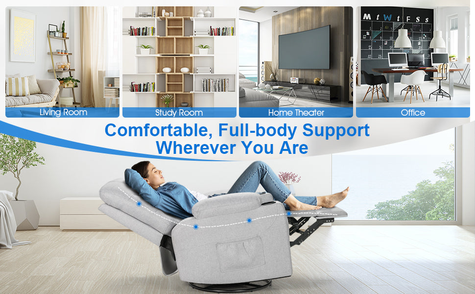 Swivel Massage Rocker Recliner Chair Nursery Glider Fabric Single Sofa with Heating & Remote Control