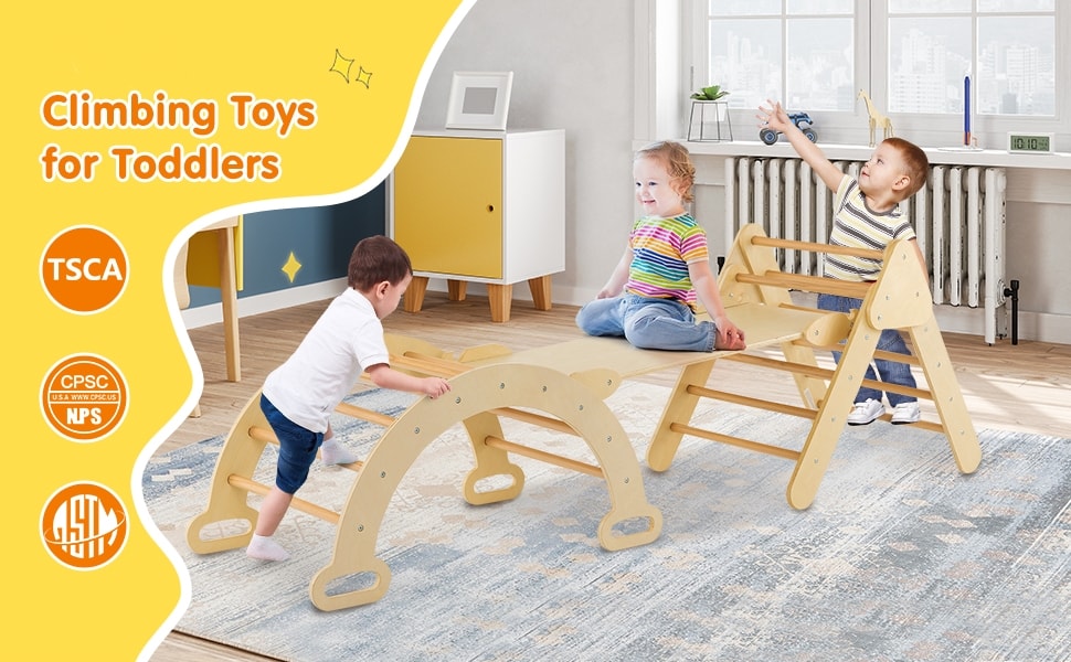 Toddler Climbing Toys 5 in 1 Montessori Wooden Arch Climber Ladder Kids Triangle Climber Play Gym Set with Sliding Ramp