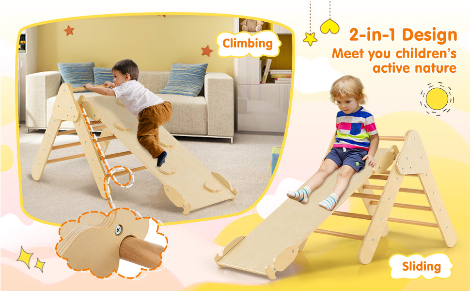 Toddler Climbing Toys 5 in 1 Montessori Wooden Arch Climber Ladder Kids Triangle Climber Play Gym Set with Sliding Ramp