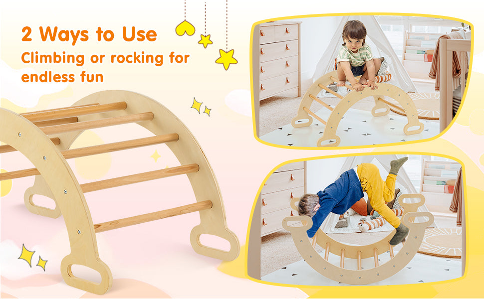 Toddler Climbing Toys 5 in 1 Montessori Wooden Arch Climber Ladder Kids Triangle Climber Play Gym Set with Sliding Ramp