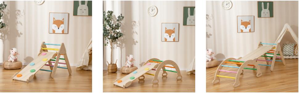 Toddler Climbing Toys 5 in 1 Montessori Wooden Arch Climber Ladder Kids Triangle Climber Play Gym Set with Sliding Ramp