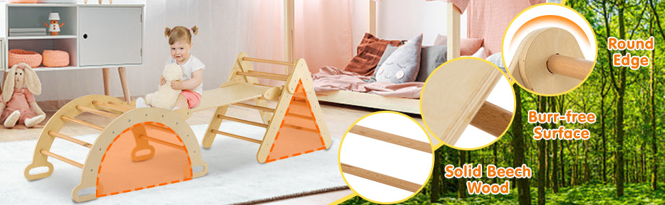Toddler Climbing Toys 5 in 1 Montessori Wooden Arch Climber Ladder Kids Triangle Climber Play Gym Set with Sliding Ramp