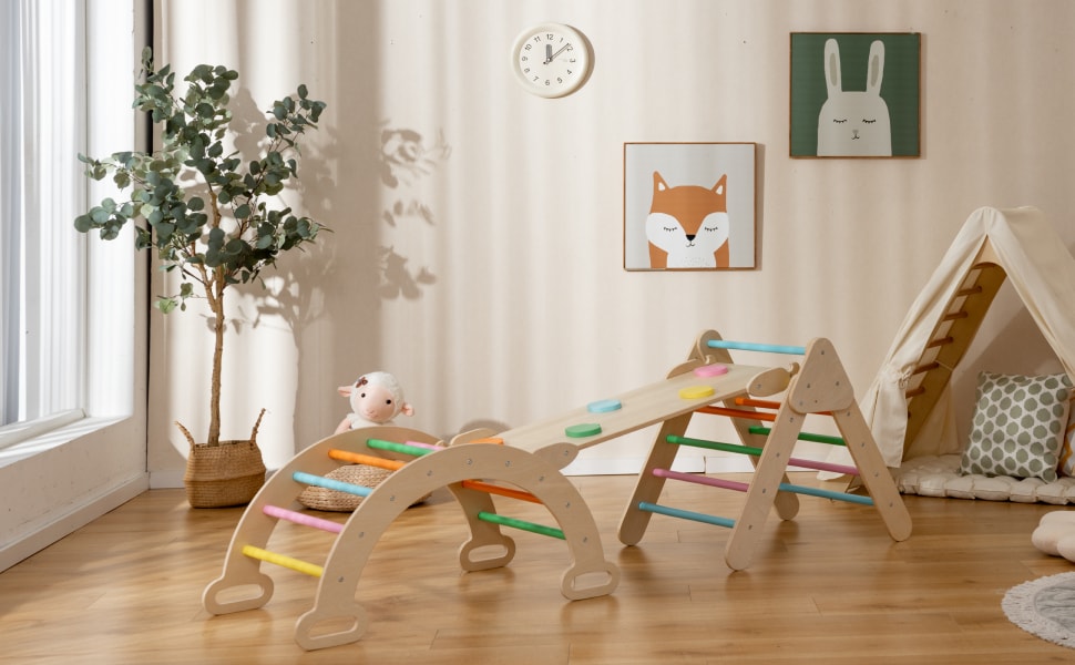 Toddler Climbing Toys 5 in 1 Montessori Wooden Arch Climber Ladder Kids Triangle Climber Play Gym Set with Sliding Ramp