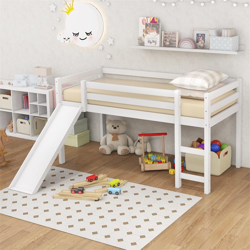 Twin Loft Bed with Slide, Solid Wood Low Loft Bed Twin Loft Bed Frame for Kids Bedroom with Climbing Ladder & Storage Space