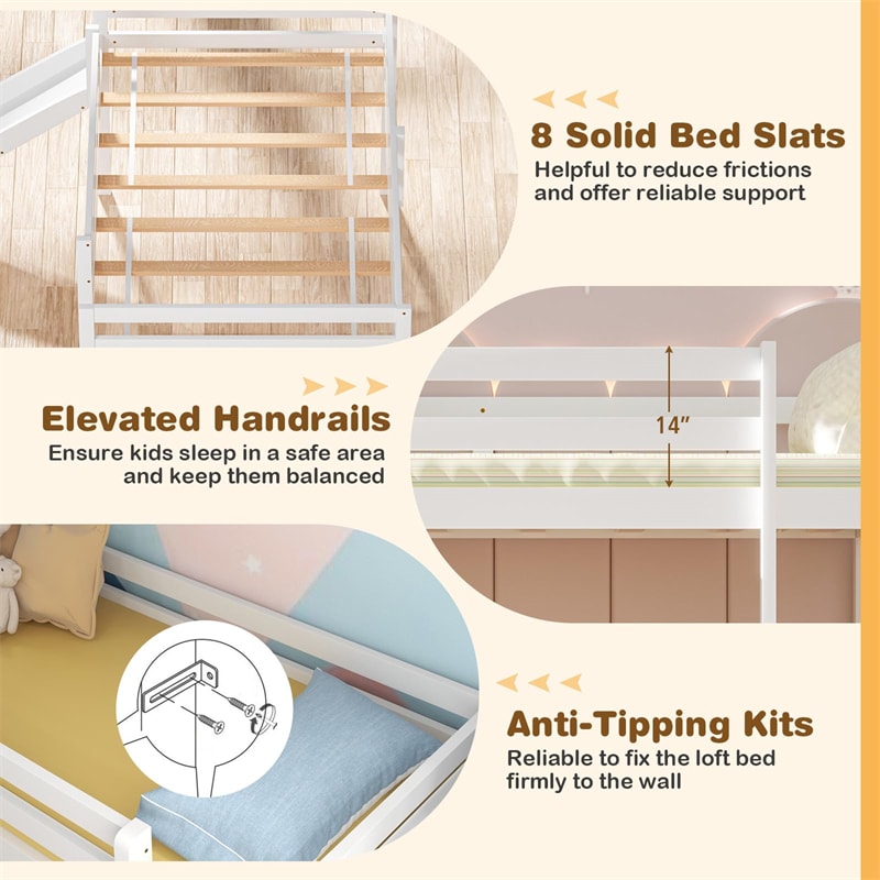 Twin Loft Bed with Slide, Solid Wood Low Loft Bed Twin Loft Bed Frame for Kids Bedroom with Climbing Ladder & Storage Space