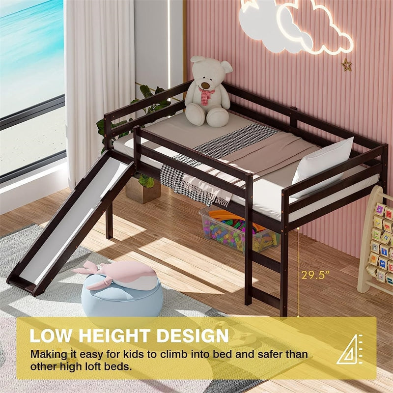 Twin Loft Bed with Slide, Solid Wood Low Loft Bed Twin Loft Bed Frame for Kids Bedroom with Climbing Ladder & Storage Space