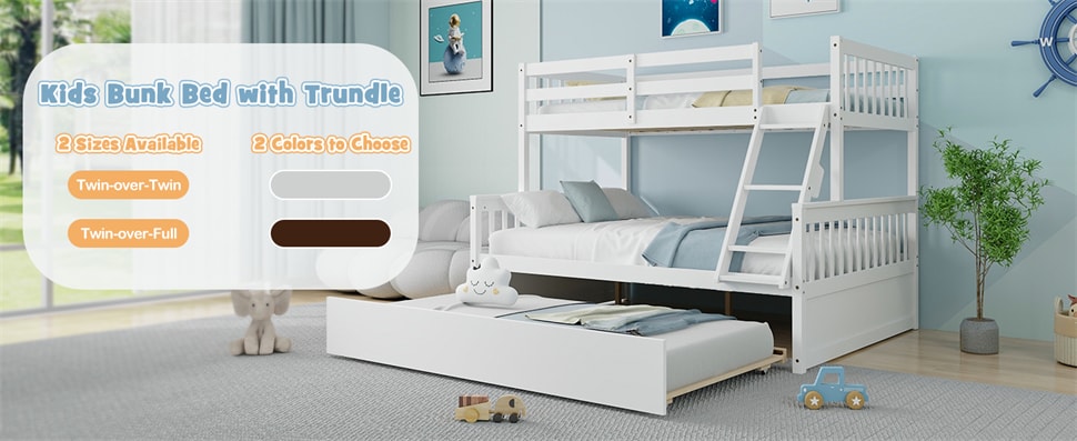 Twin Over Twin Bunk Bed Convertible Solid Wood Platform Bed Frame Space-Saving Bunk Bed with Trundle & Ladder for Teens Adults