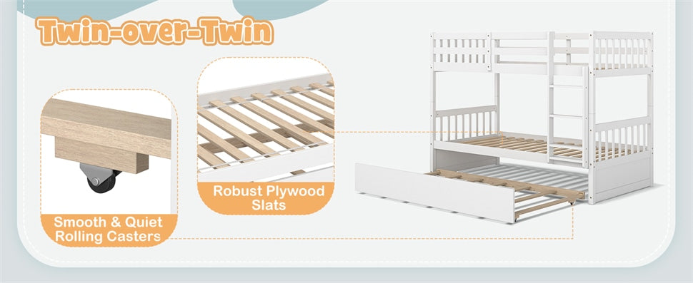 Twin Over Twin Bunk Bed Convertible Solid Wood Platform Bed Frame Space-Saving Bunk Bed with Trundle & Ladder for Teens Adults