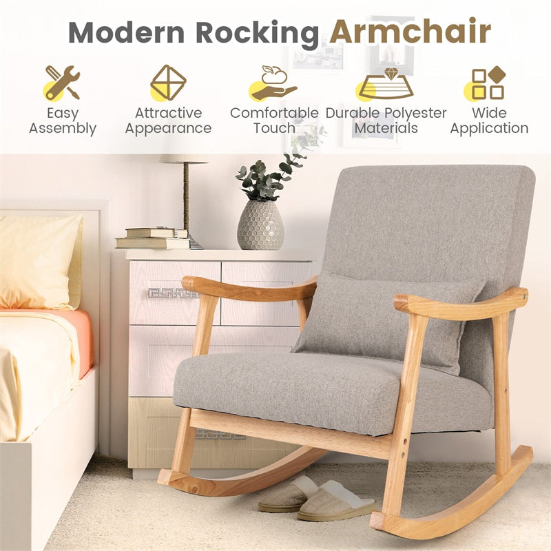 Upholstered Rocking Chair Modern Rocker with Rubber Wood Frame & Padded Pillow for Living Room Bedroom Nursery Office