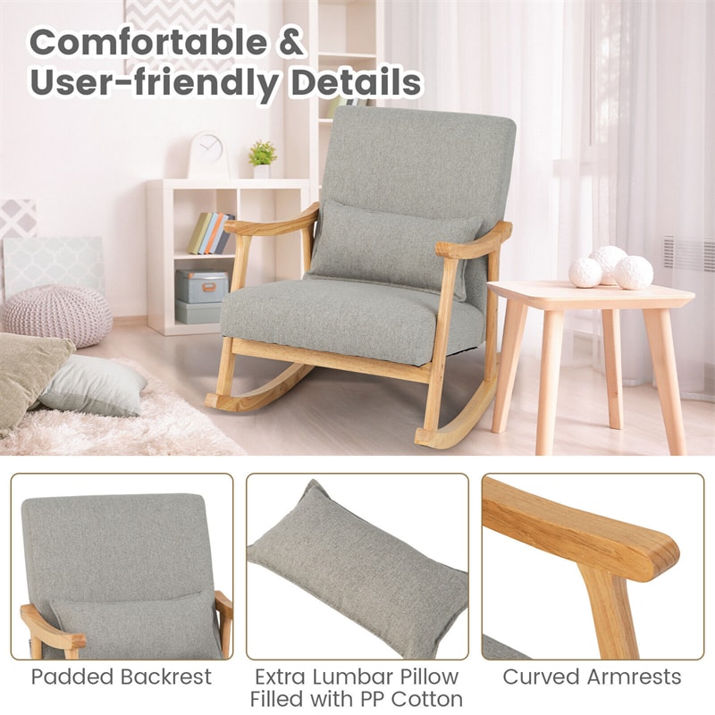 Upholstered Rocking Chair Modern Rocker with Rubber Wood Frame & Padded Pillow for Living Room Bedroom Nursery Office