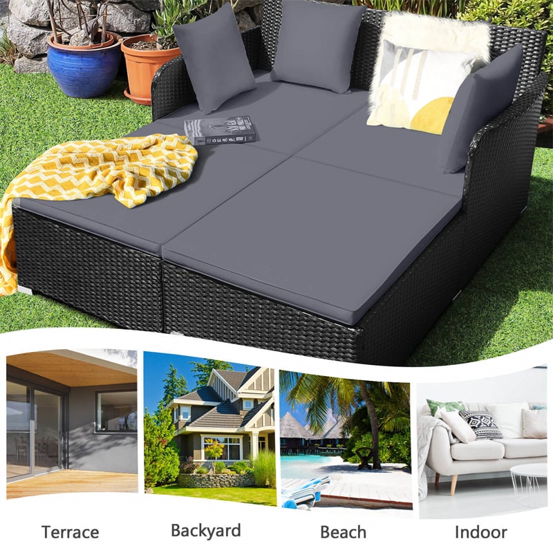 Wicker Outdoor Daybed Double Chaise Lounge Rattan Sun Lounger Patio Sunbed Cushioned Sofa Furniture with Spacious Seat & Pillows