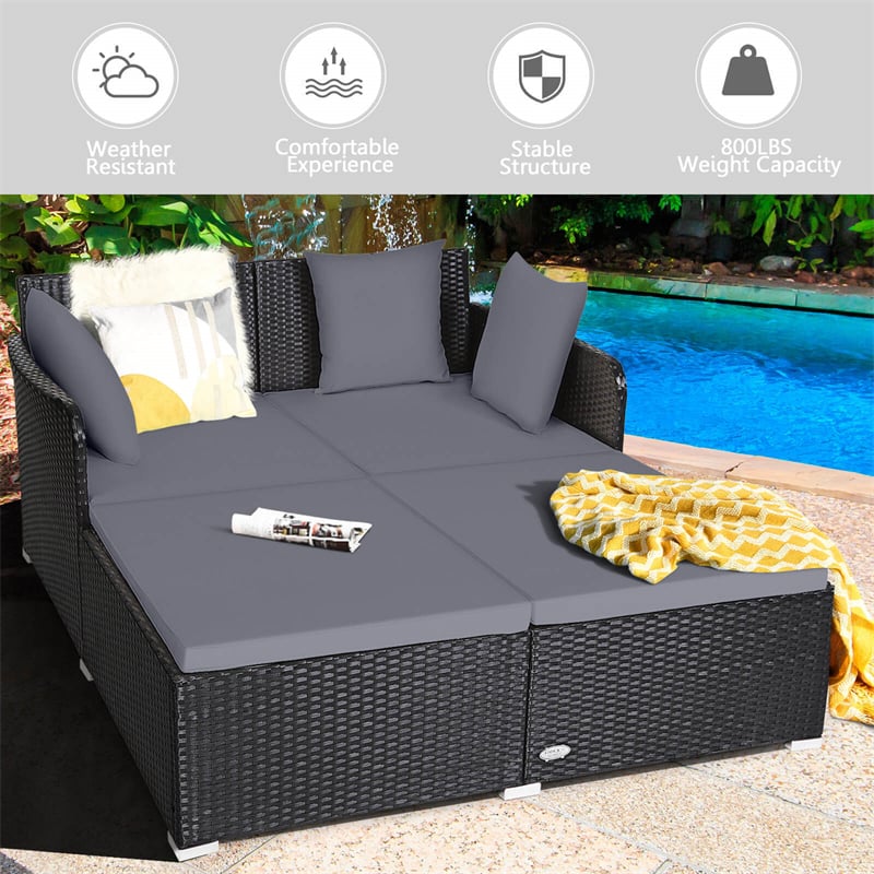 Wicker Outdoor Daybed Double Chaise Lounge Rattan Sun Lounger Patio Sunbed Cushioned Sofa Furniture with Spacious Seat & Pillows