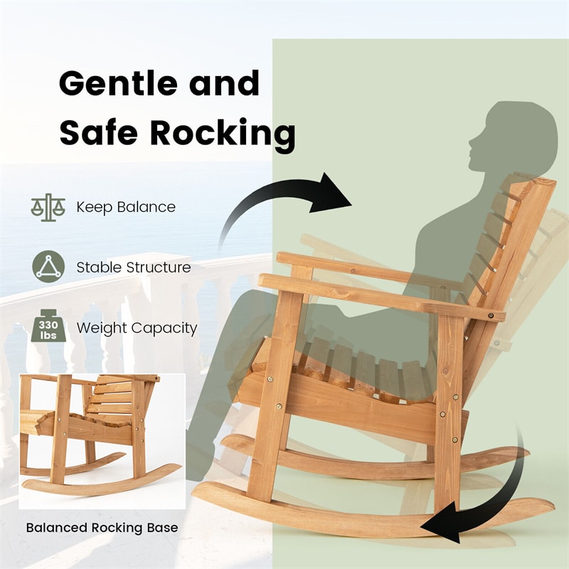 Wood Outdoor Rocking Chair Patio Rocker 330 Lbs Weight Capacity Fir Wood Chair with High Backrest & Wide Armrests for Garden Yard Indoor