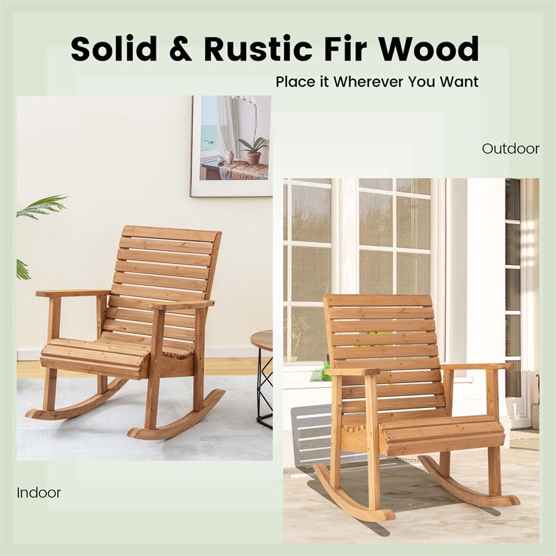 Wood Outdoor Rocking Chair Patio Rocker 330 Lbs Weight Capacity Fir Wood Chair with High Backrest & Wide Armrests for Garden Yard Indoor