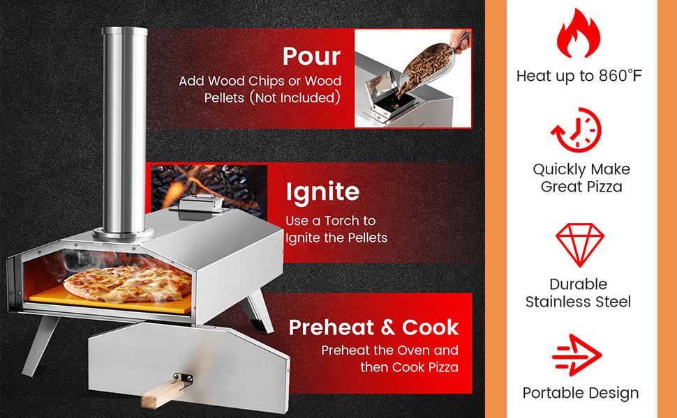 Wood Pellet Pizza Oven Outdoor Portable Stainless Steel Pizza Maker with 12'' Pizza Stone & Foldable Legs