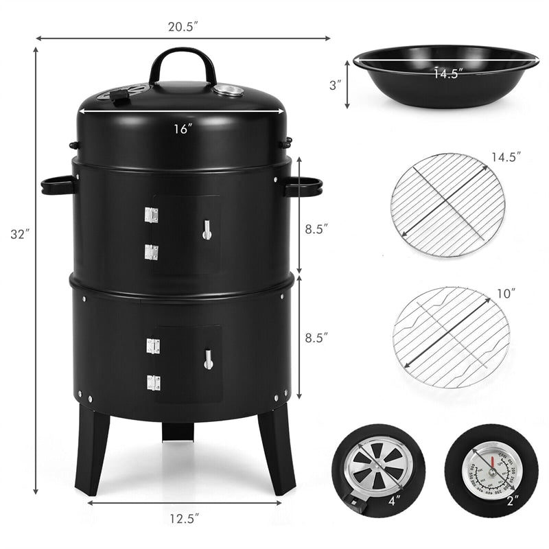 3 In 1 Portable Round Charcoal Smoker BBQ Grill Built-in Thermometer