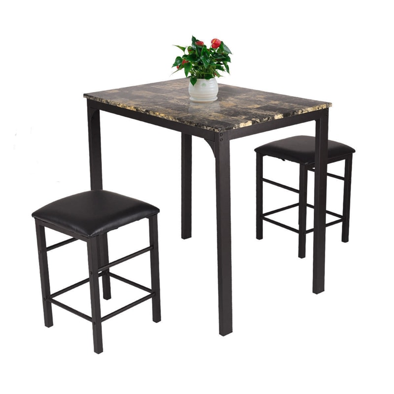 3 Pcs Counter Height Dining Set with Faux Marble Table & Cushioned Stools