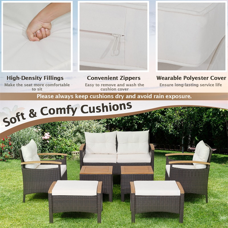7 Piece Patio Rattan Sofa Set Outdoor Wicker Conversation Set with Seat & Back Cushions 2 Coffee Tables