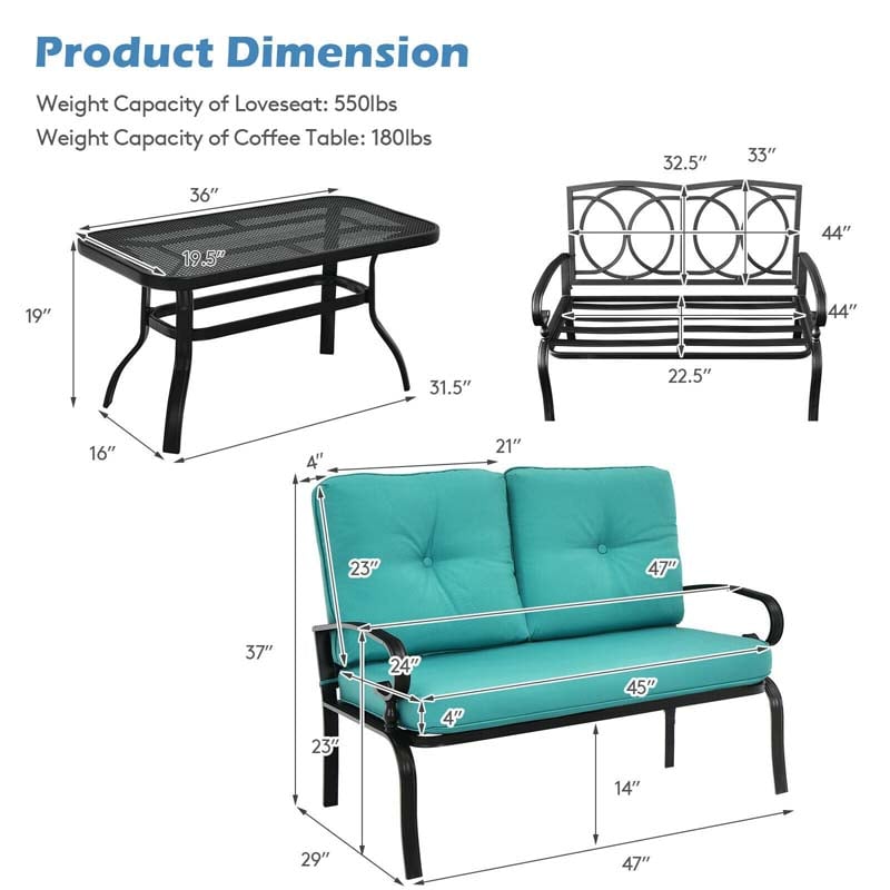 2 PCS Patio Loveseat Bench Table Furniture Set Cushioned Chair Turquoise