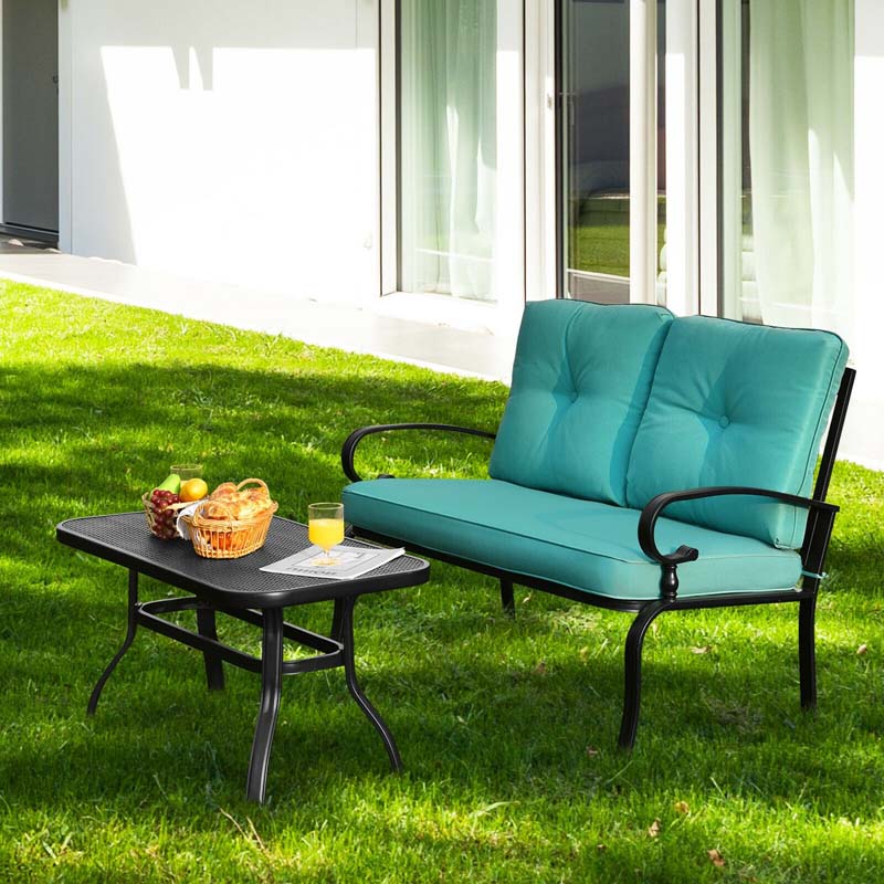 2 PCS Patio Loveseat Bench Table Furniture Set Cushioned Chair Turquoise