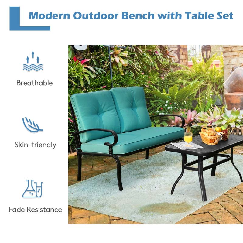 2 PCS Patio Loveseat Bench Table Furniture Set Cushioned Chair Turquoise