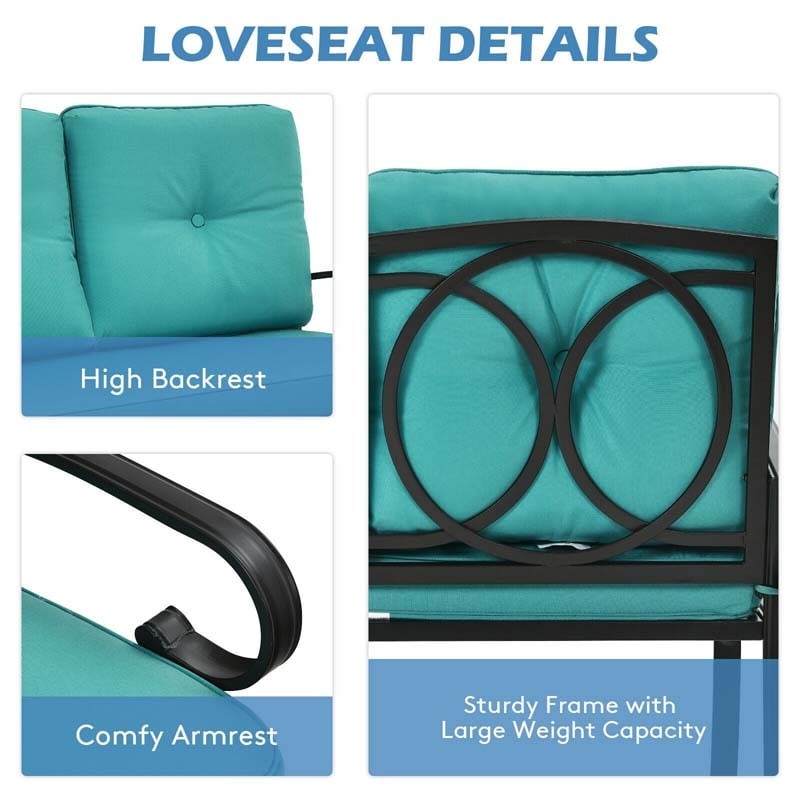 2 PCS Patio Loveseat Bench Table Furniture Set Cushioned Chair Turquoise