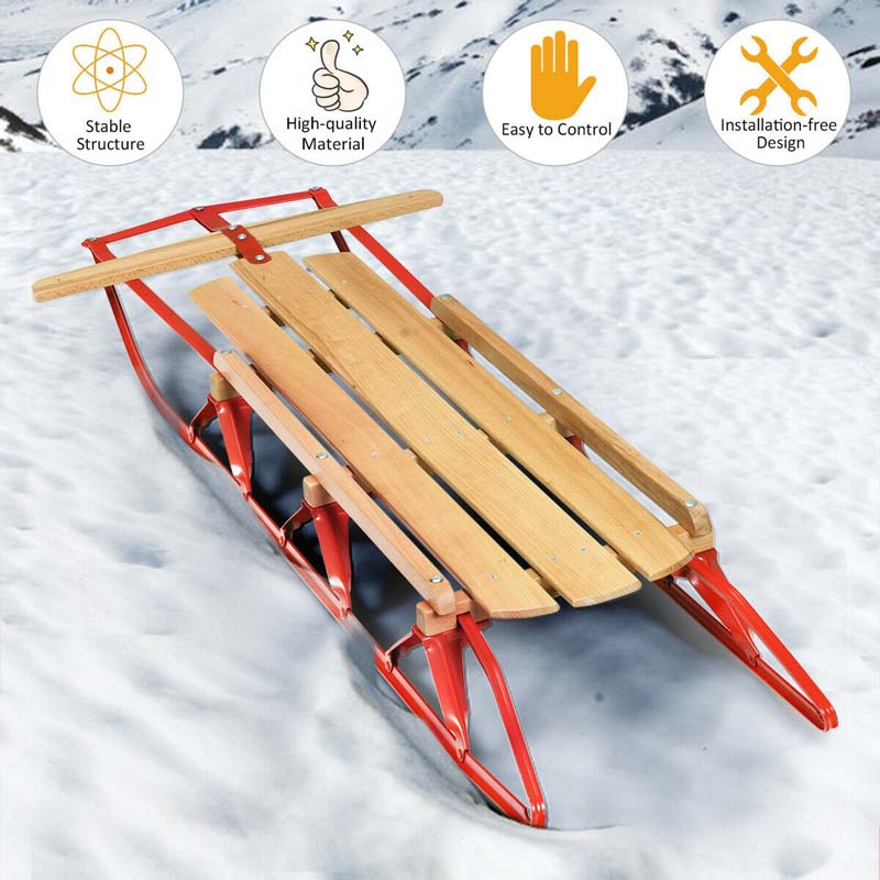 54" Kids Steel Wooden Snow Racer Sled w/ Metal Runners and Steering Bar