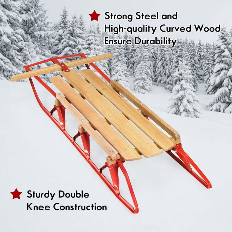 54" Kids Steel Wooden Snow Racer Sled w/ Metal Runners and Steering Bar