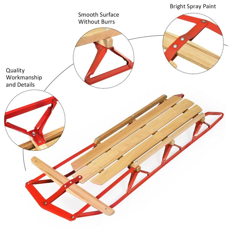 54" Kids Steel Wooden Snow Racer Sled w/ Metal Runners and Steering Bar