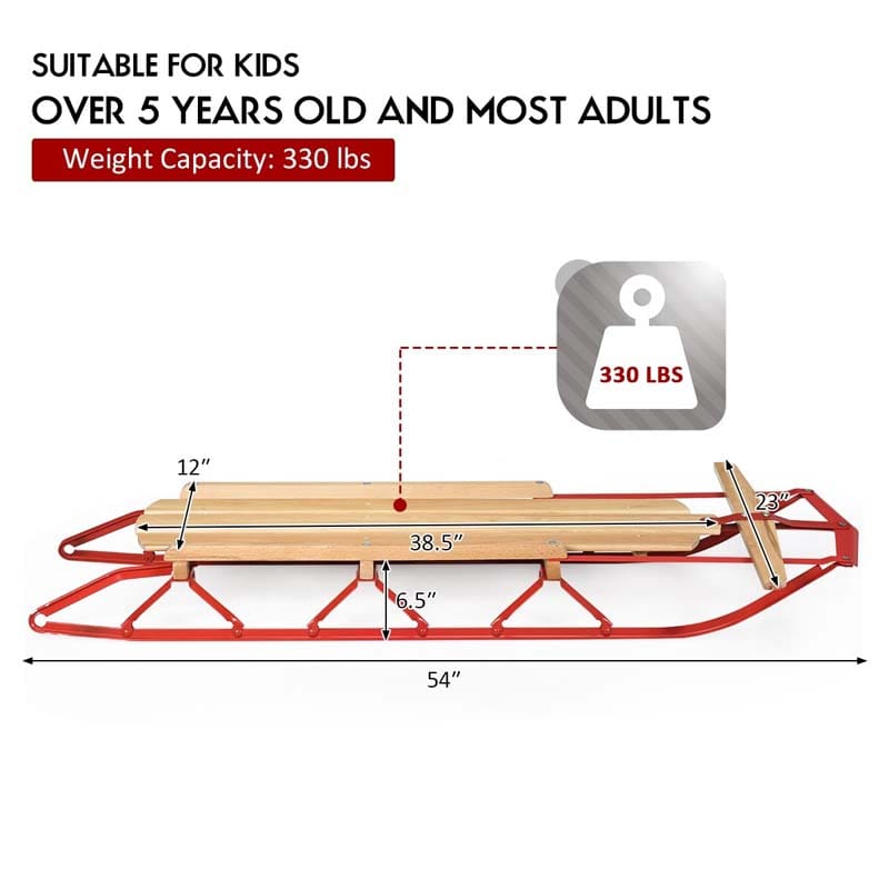 54" Kids Steel Wooden Snow Racer Sled w/ Metal Runners and Steering Bar