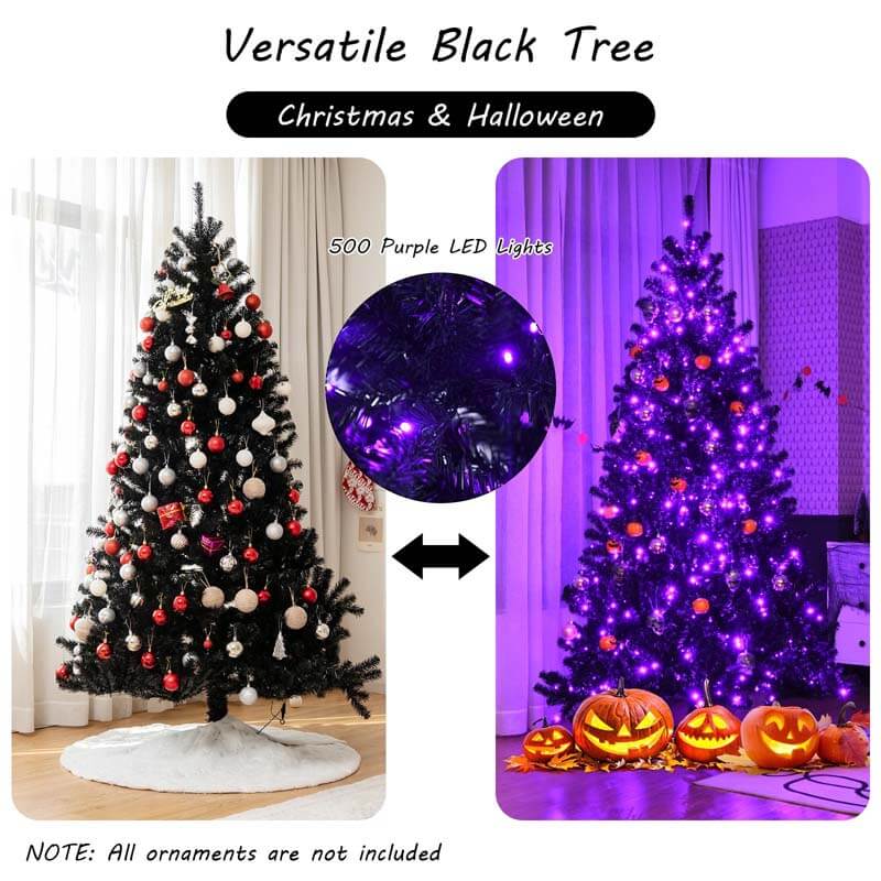 7FT Black Artificial Christmas Halloween Tree with Purple LED Lights