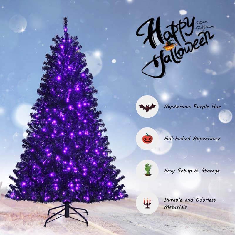 6FT Black Artificial Christmas Halloween Tree with Purple LED Lights