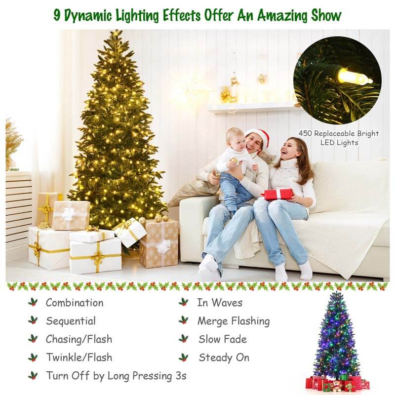 7FT Artificial Christmas Tree with 2 Lighting Colors and 9 Flash Modes