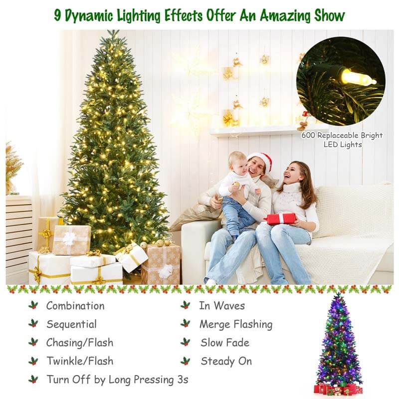 8FT Artificial Christmas Tree with 2 Lighting Colors and 9 Flash Modes