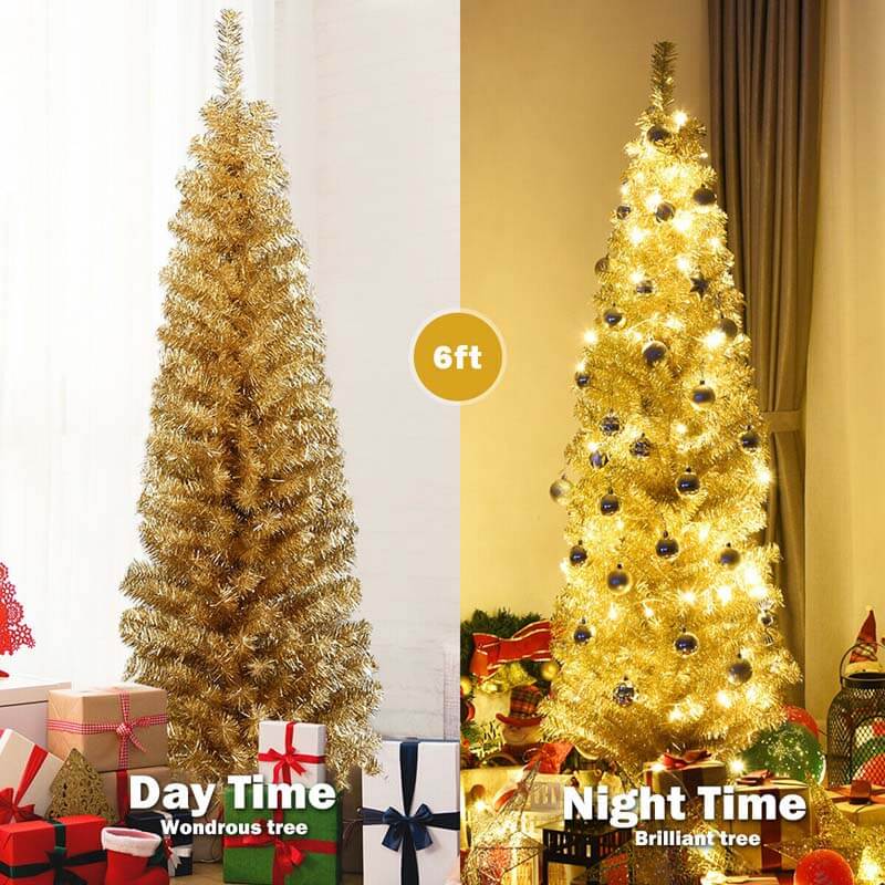 6 Feet Tinsel Artificial Slim Pencil Christmas Tree with Electroplated Technology for Indoor and Outdoor