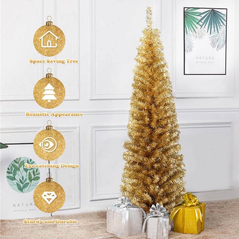 6 Feet Tinsel Artificial Slim Pencil Christmas Tree with Electroplated Technology for Indoor and Outdoor