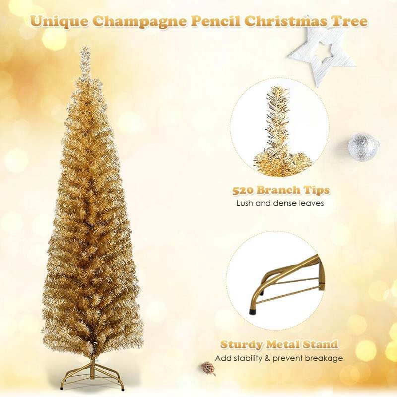 6 Feet Tinsel Artificial Slim Pencil Christmas Tree with Electroplated Technology for Indoor and Outdoor