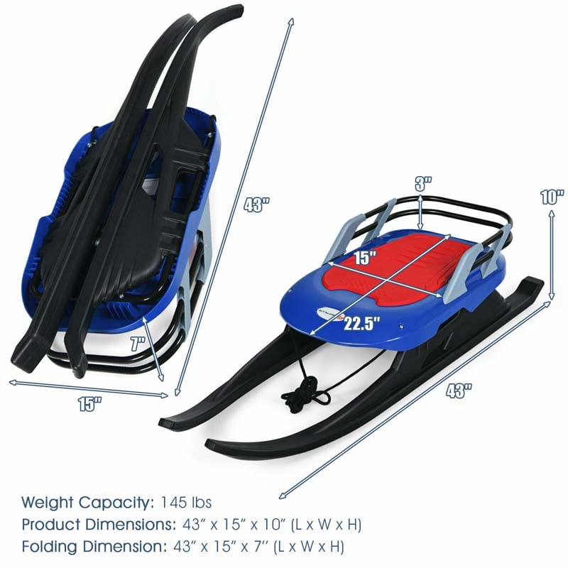 Kids Folding Metal Snow Sled with Pull Rope and Leather Seat