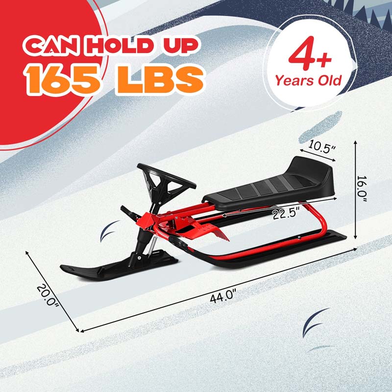 Kids Ski Board Snow Racer Sled with Steering Wheel and Double Brakes Pull Rope