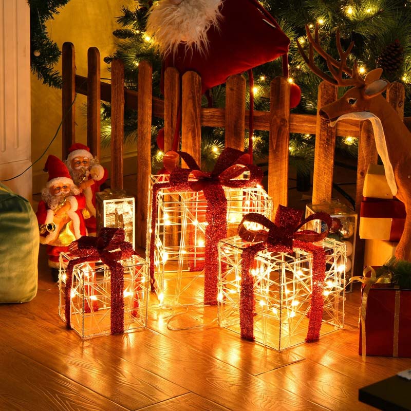 Set of 3 Christmas Lighted Gift Boxes Christmas Box Decorations with 60 LED Lights