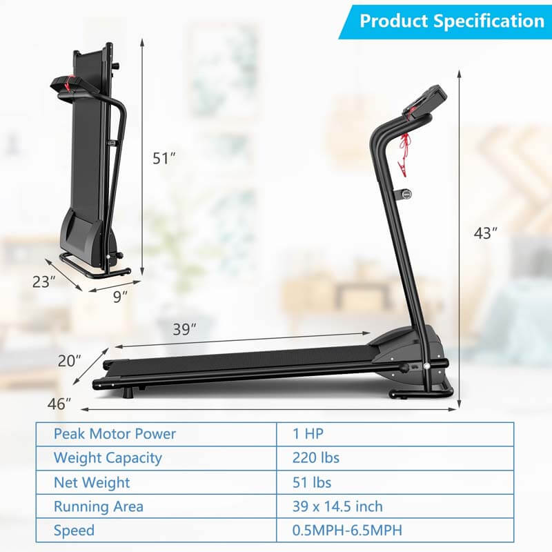 1 HP Electric Mobile Power Foldable Treadmill with Operation Display