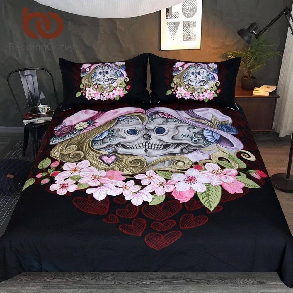 3pcs Gothic Couple Skull Pink Comfortable Duvet Cover Bedding Set Mavigadget