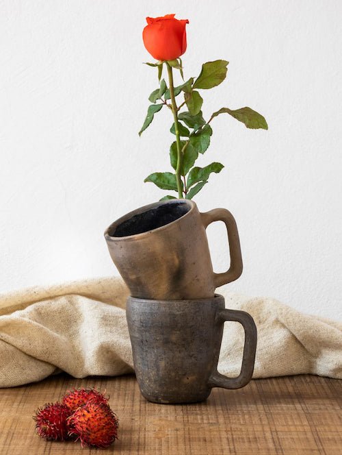 Mexican clay mugs with rose by Francisco Martinez of Pitao Copycha 