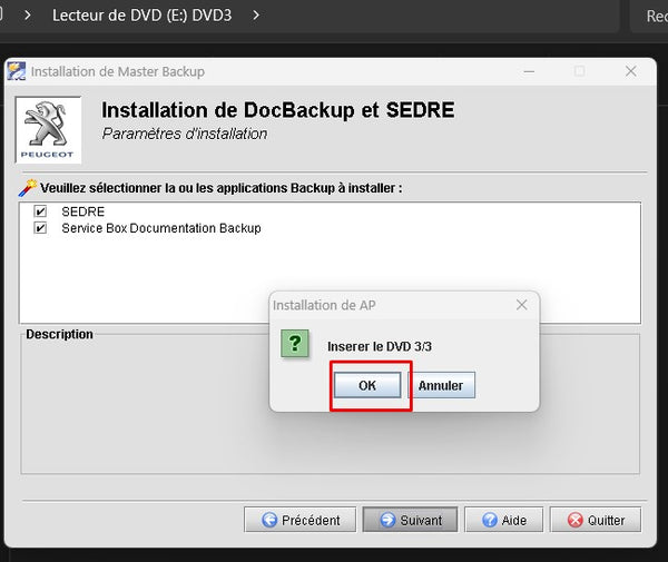 insérer le dvd 3 installation docbackup peugeot service box