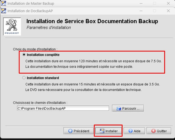 complete installation docbackup peugeot service box