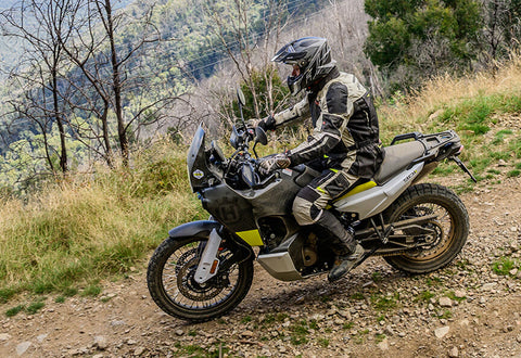 Off road motorcyclist wearing an adventure style motorcycle jacket
