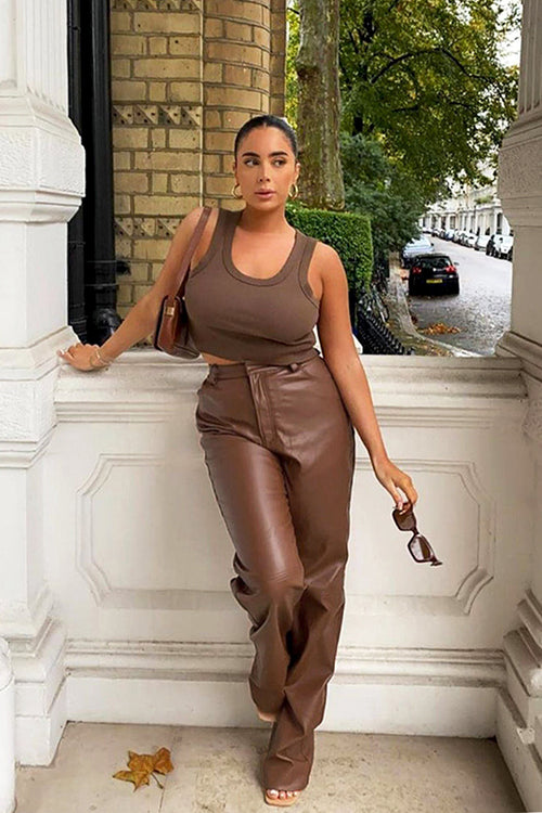 Brown Faux Leather Straight Leg Trousers