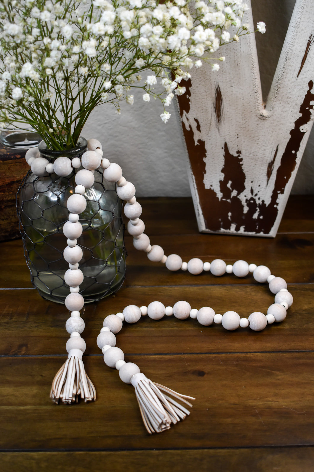 Wood Bead Garland - Distressed with Tassels