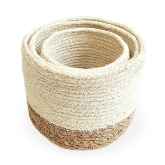 Artisan handwoven basket bins. Each bin is beautifully and sustainably made using natural seagrass and jute.