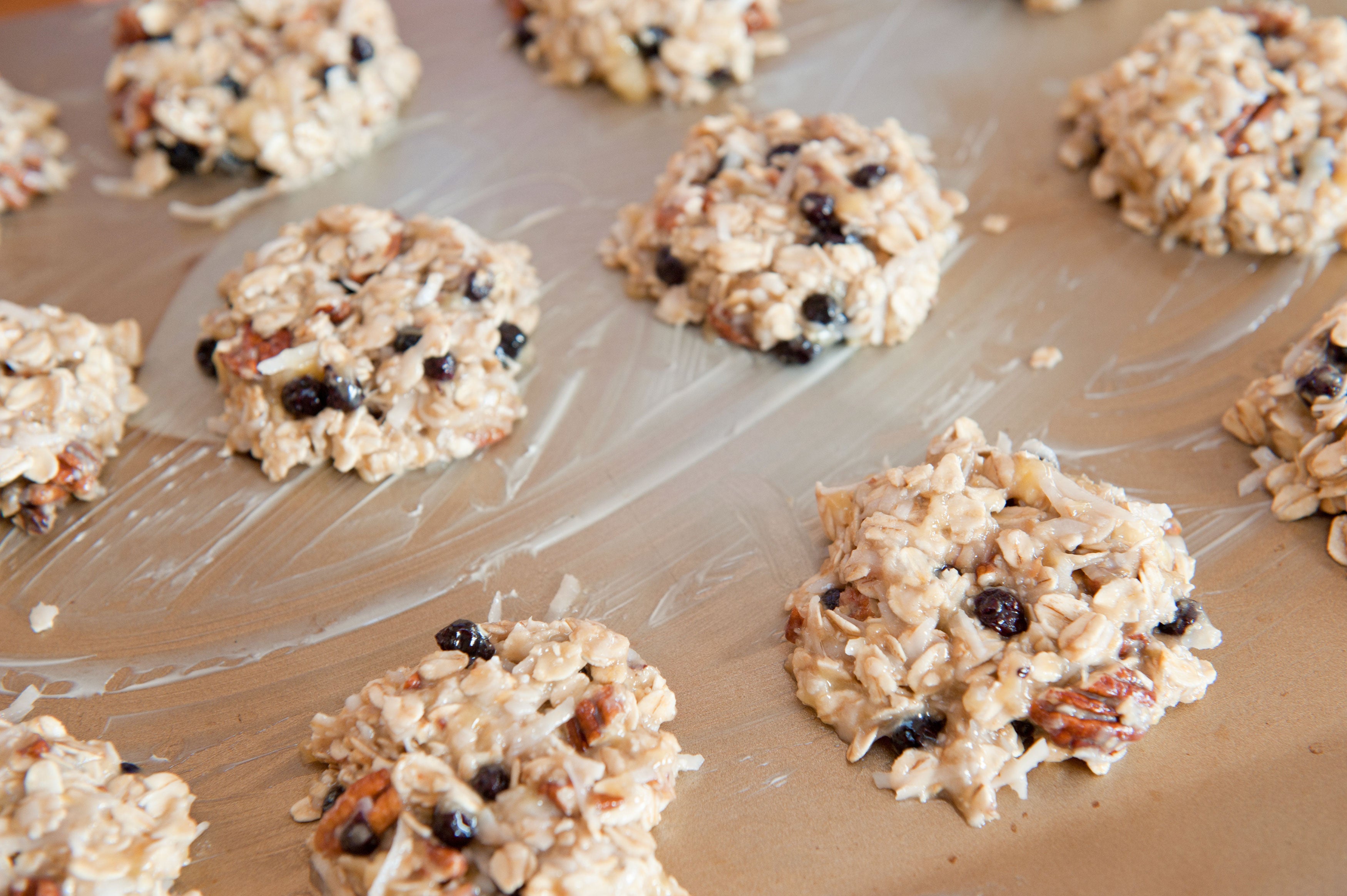 Blueberry Coconut Pecan Cookies on Greased Pan